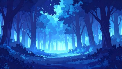 Blue fantasy forest path Tall trees lead into bright light