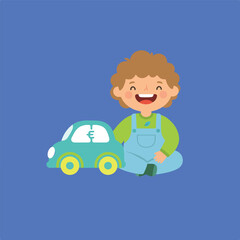 Naklejka premium A cartoon illustration shows a smiling child sitting next to a light blue toy car with yellow wheels, set against a solid blue background.