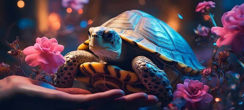 A turtle , a small creature made of glass that is sitting in the palm of your hand,generative AI
