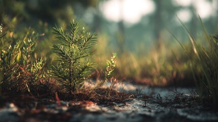 Captivating close-up of a small coniferous tree amidst a lush natural landscape