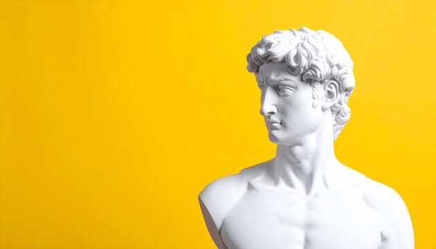White marble bust of a classical figure against a vibrant yellow background, showcasing artistry and elegance - Powered by Adobe