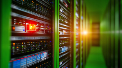 Futuristic data center with glowing servers showcasing advanced technology in a modern digital environment.