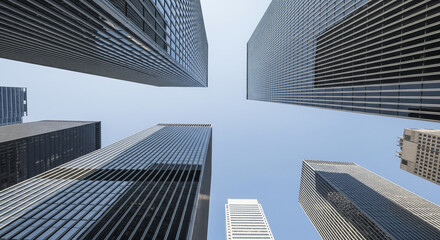 Modern Skyscrapers Reaching Towards Blue Sky, Looking up From Below