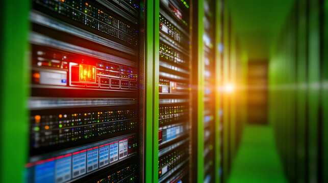 Futuristic data center with glowing servers showcasing advanced technology in a modern digital environment.