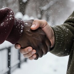 Two hands, two worlds, one firm shake—no flags, no words, just pure human connection. A moment of unity between cultures, captured in perfect detail: skin tones, textures, light, and quiet dignity. Th