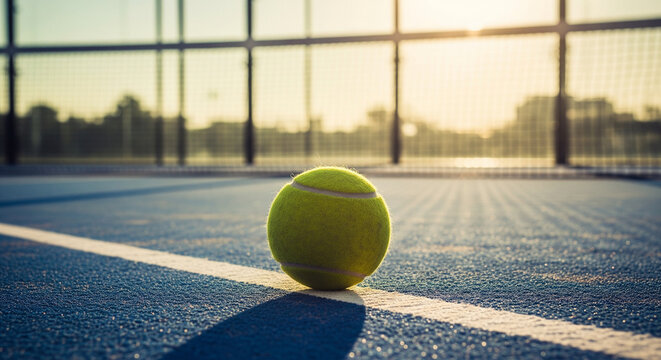 Tennis Ball on Blue Court Line at Sunset with Fencing and Trees