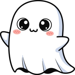An extremely cute and lovable ghost character drawn in the Japanese kawaii style, featuring large, sparkling eyes, a tiny 