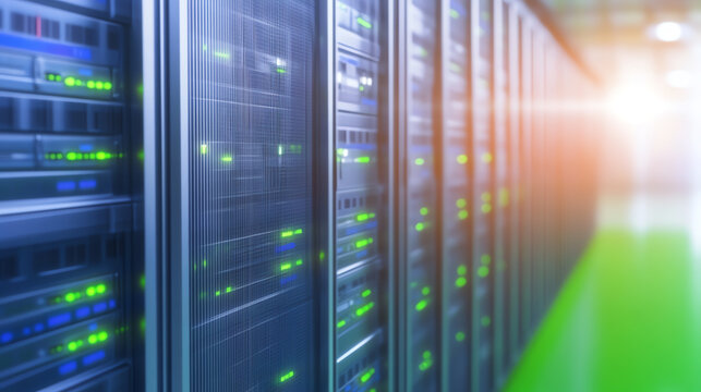 Futuristic server room with illuminated racks showcasing advanced data storage technology. Ideal for tech and innovation themes.