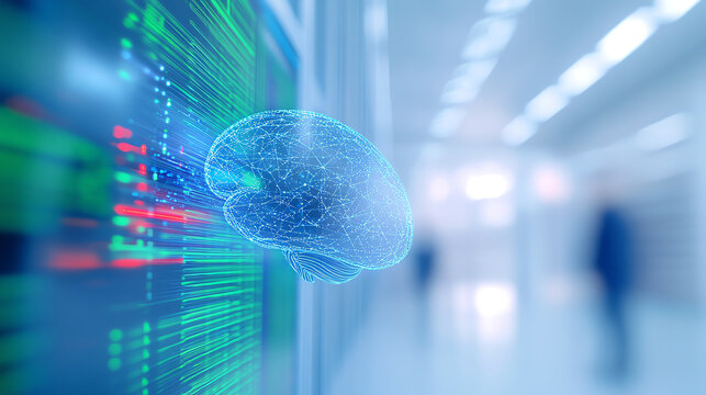 Futuristic technology concept showcasing a digital brain interacting with data visualization in a modern environment.
