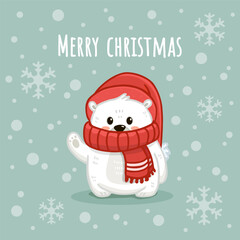 Cute cartoon polar bear in hat and scarf. Teddy bear in flat style for greeting card, christmas card. Vector illustration
