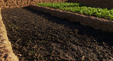 The rich, dark soil of a cultivated oasis plot.