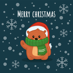 Cute cartoon bear in hat and scarf. Teddy bear in flat style for greeting card, christmas card. Vector illustration
