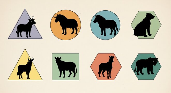 Animal Silhouettes in Geometric Shapes Vector Illustration.