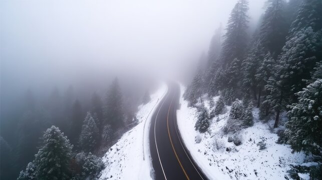 Winter road journey through foggy forest scenic landscape aerial view nature exploration