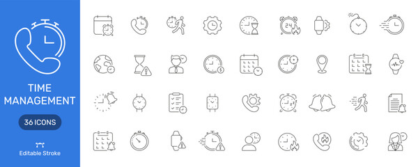 Time Management Line Icon Set. Efficient Scheduling, Productivity Enhancement, And Task Organization Outline Symbol Collection. Editable Stroke. Isolated Vector Illustration