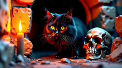 Black cat guardian at cave entrance with skull