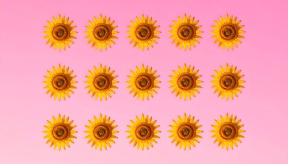 Fototapeta premium A vibrant arrangement of sunflowers against a soft pink background, perfect for cheerful designs