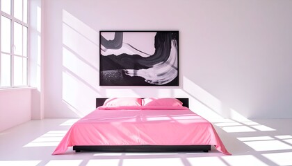 Modern bedroom with pink bedding and abstract wall art, featuring sunlight streaming through large windows