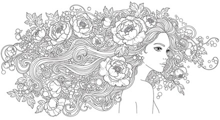 Beautiful Woman with Flowing Hair and Intricate Floral Design.