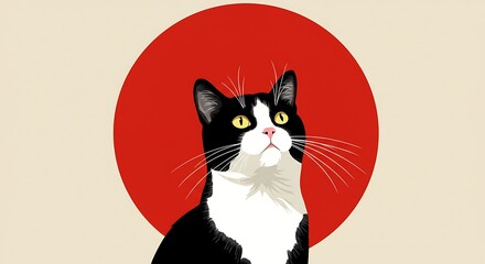 Black and white cat with yellow eyes looking up, against a red circle on a cream background.