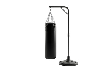 Heavy black punching bag on a stand isolated on transparent background
