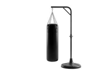 Heavy black punching bag on a stand isolated on transparent background