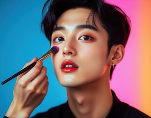 Young handsome asian man applying blush with makeup brush to his cheek, concept for beauty, cosmetics and personal care for male