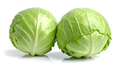 Two round, green cabbages sit side-by-side, a close-up view against a pure white background. Each cabbage displays layered leaves. The image is well-lit