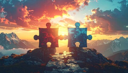 Two puzzle pieces, red and blue, connect atop a mountain peak, bathed in sunset hues over a distant mountainous range