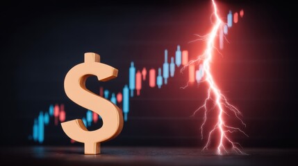 Financial growth surge dollar symbolizing wealth amidst lightning digital market trends abstract visual business environment