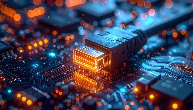 Close-up shot of a network cable connector over a circuit board, with glowing bokeh lights