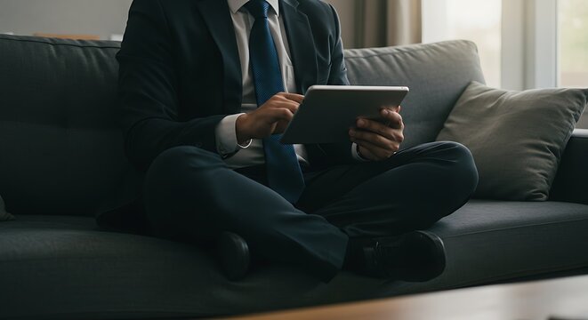 Businessman in suit sitting on sofa using digital tablet for remote work.