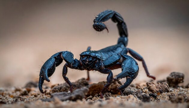 Close-up of a dark scorpion on sandy soil with a blurred background, showing its exoskeleton, claws, and raised tail
