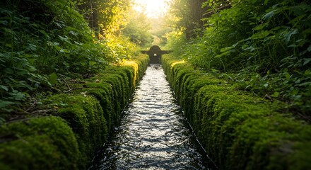 The sound of quiet water trickling through a channel.