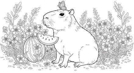 Capybara with Watermelon and Butterfly Coloring Page.