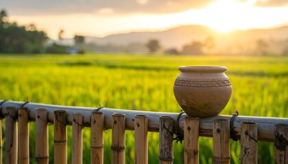 A rustic clay pot resting on a bamboo railing overlooking lush green rice fields at sunset