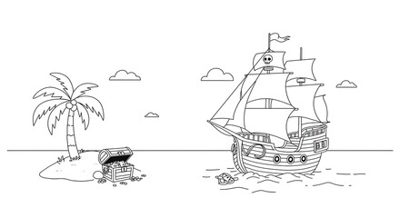 Cartoon Pirate Ship and Treasure Island Line Art Illustration.