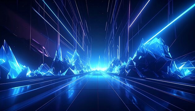 Blue glowing crystalline landscape beneath bright lights forming abstract cityscape with dark starry sky in the background