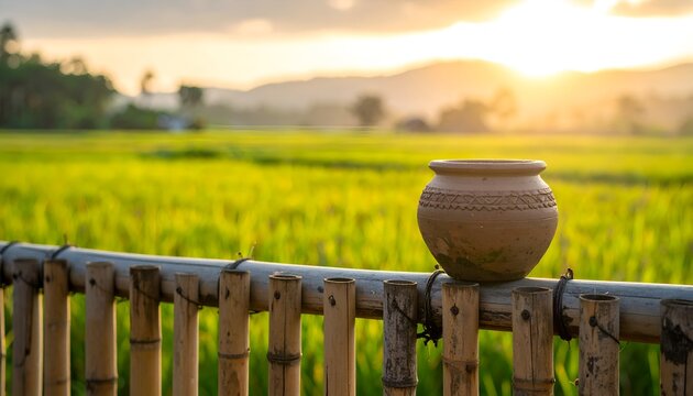 A rustic clay pot resting on a bamboo railing overlooking lush green rice fields at sunset