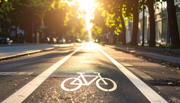 Sunlit urban street with a bicycle lane painted on the road, surrounded by trees and buildings