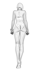 Obraz premium A young girl in a swimsuit is depicted in a simple contour sketch. The minimalist line art is clean and elegant against a plain white background. Back view.