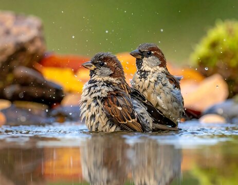 Two small brown birds splash and bathe together in a shallow pool of water, creating droplets. Autumn leaves are present - Powered by Adobe