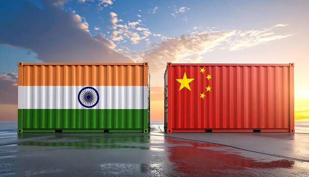 Two shipping containers side-by-side, painted with national flags against a sunset and cloudscape. Symbolizes trade, economic growth, and international relations - Powered by Adobe