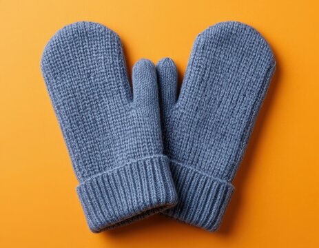 Blue knitted mitten on an orange background. Warm wool glove for cold weather. Concept for children, winter clothing, and holiday season.