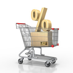 3d Einkaufswagen, Warenkorb mit Paket und Prozentsymbol freigestellt auf transparenten Hintergrund