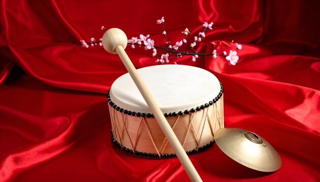 Traditional drum and cymbals on a vibrant red fabric with cherry blossoms in the background