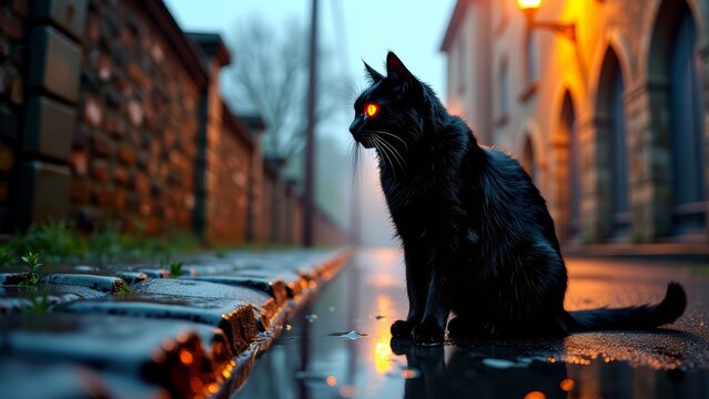 Fototapeta Black cat with glowing eyes on wet street