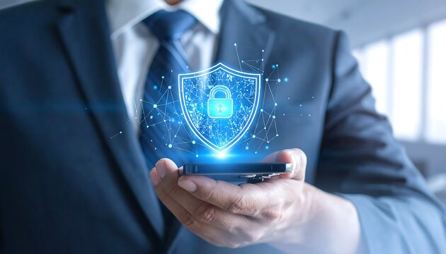Businessman holds phone with glowing shield icon, symbolizing data security in the digital age