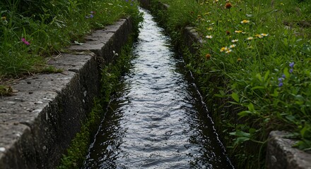 The sound of quiet water trickling through a channel.