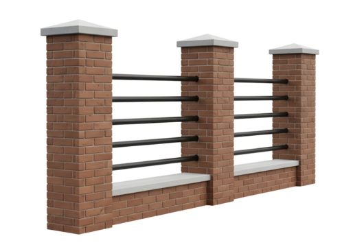 Brick fence with metal railing isolated on transparent background